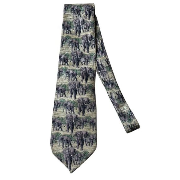 Vintage Endangered Species Men's Elephant Tie Cream gray green black - Picture 4 of 4